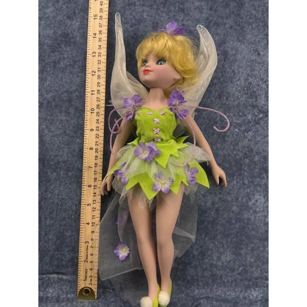 Tinker Bell Inspired Fairy Doll 14 Inch Green Floral Dress Shimmering Wings